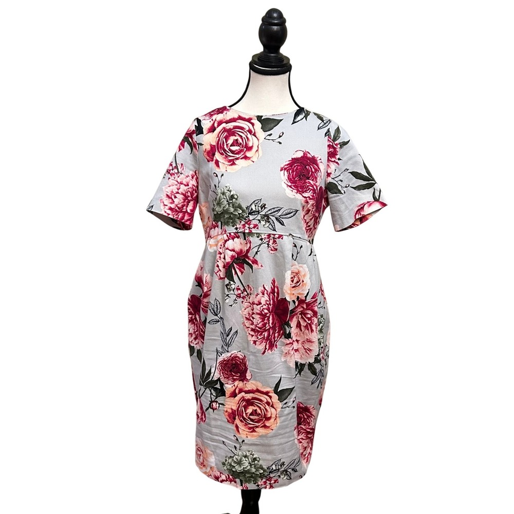 ASOS Floral Print Dress Gray Pink Burgundy Deep V Back Size 6 Party Cocktail